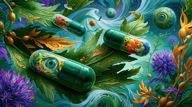 Psychedelic surreal illustration of giant seaweed algae world with supplement capsules as floating planets, swirling ocean currents, third eye motifs hidden in kelp leaves