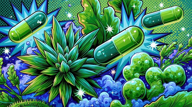 Pop art style illustration of futuristic seaweed supplements, bold comic book outlines, neon green cyan and electric blue color palette, halftone dot patterns in background