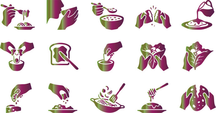 Food Eating Actions and Cooking Preparation Hands Icons Set with Black Silhouette Signs on White Background