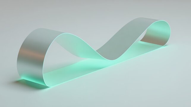 Minimalist 3D Render of a Twisted Metallic Ribbon and Infinite Loop Shape with Soft Mint Green Glow on White Surface