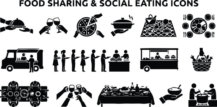 Food sharing and social eating icon set vector illustrations of communal picnic dinner catering