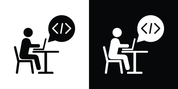 Software developer coding at desk icon. Programmer working on laptop, web engineering, computer programming vector illustration set.