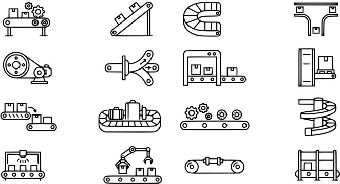 Black and White Line Art Icons of Conveyor Belt Systems and Industrial Automation Machinery