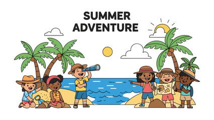 Summer Adventure: A group of diverse children embarks on a tropical beach adventure, exploring with a spyglass and map under the warm sun, surrounded by palm trees and the ocean.