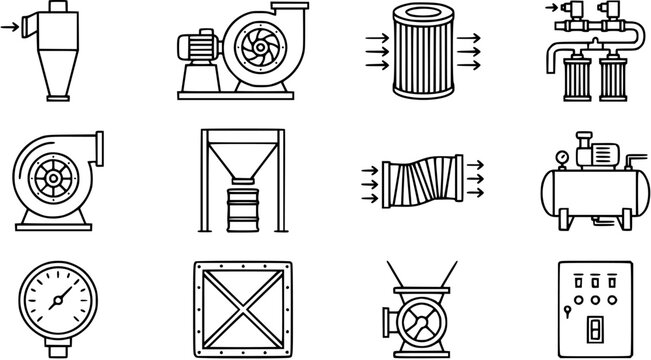 Industrial Process, Air Handling, and Manufacturing Equipment Line Art Icons Set