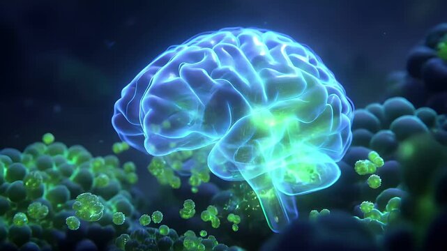 Artificial intelligence. Neuron network. A vivid digital artwork depicts a glowing, translucent brain against a deep blue background. The brain is the main subject.