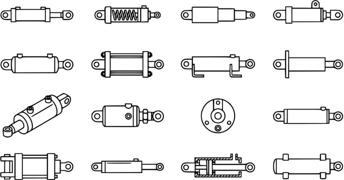 Industrial Engineering Hydraulic and Pneumatic Cylinders Line Art Icons Set. Mechanical Linear Actuators  Shock Absorber Outline Glyphs.