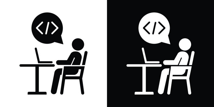 Software developer coding at desk icon. Programmer working on laptop, web engineering, computer programming vector illustration set.