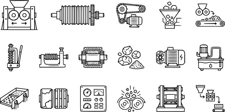 Black and White Line Art Icons of Mining and Crushing Equipment for Industrial Use