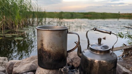 Fototapeta premium Rustic Camping Scene by the Water