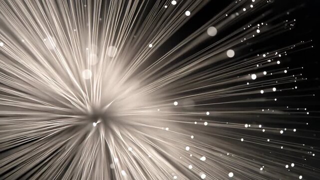 Fiber optic bundle creating a dynamic network of glowing light lines and particles, symbolizing high speed data transmission and technological connection in an abstract digital space