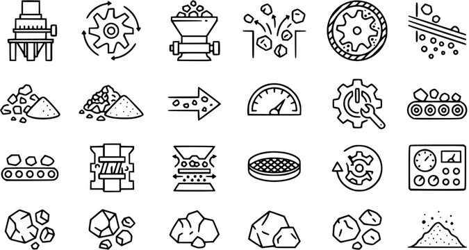 Mining and Mineral Processing Outline Icon Set. Quarrying, Crushing, Sieving, and Ore Extraction Line Art Symbols Collection