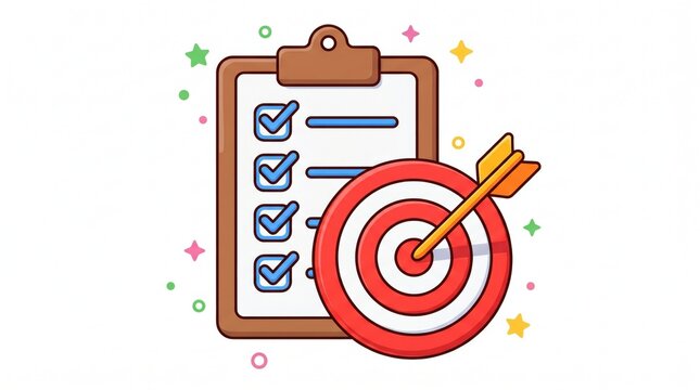 Illustration of clipboard with checklist and target board with arrow