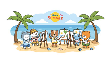 Obraz premium Creative Summer Camp: Adorable animal characters engage in a fun-filled painting activity on a tropical beach, with palm trees swaying and the ocean in the background.