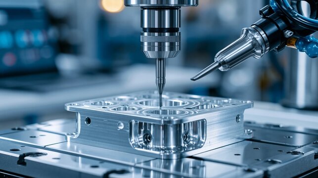 Medium shot showcasing a CMM inspecting the complex geometry of an industrial housing ensuring exact specifications in component production.