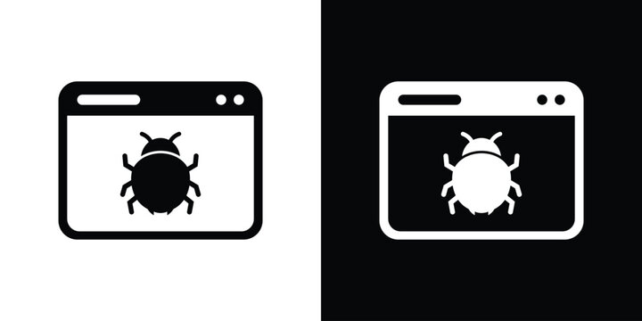 Browser window software bug icon. Web page malware virus symbol, digital glitch, online system vulnerability vector illustration set.