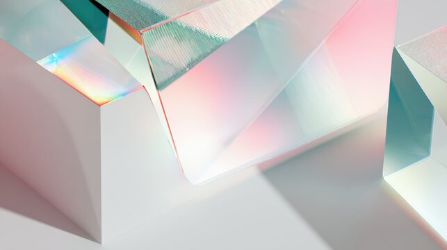Geometric 3D Render of Abstract Glass Prisms and Cubes with Vibrant Iridescent Rainbow Light Leak Reflections and Refractions