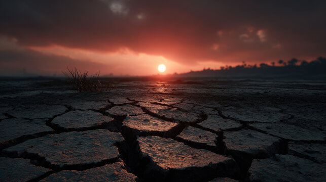 Scorched desert plain cracked ground barren landscape dry soil sunset dusk dramatic sky arid land desolation wasteland parched earth drought erosion fissure soil crack ground crack low light