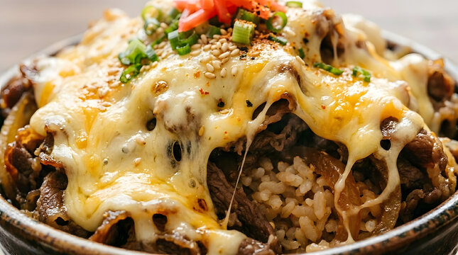 Beef rice bowl from Japan or gyu donburi with cheese and gari ginger on top served in a rustic bowl
