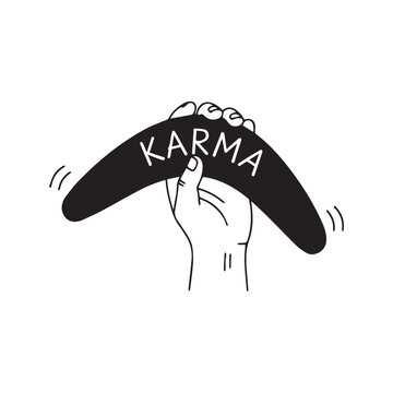 Minimalist black and white illustration of a hand holding a boomerang with karma text representing cause and effect concept
