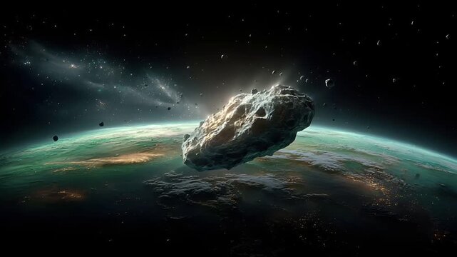Space universe exploration, fantasy, mysterious. A vivid depiction of an outer space scene depicts a large, jagged asteroid approaching Earth. The asteroid is illuminated by a bright light source.