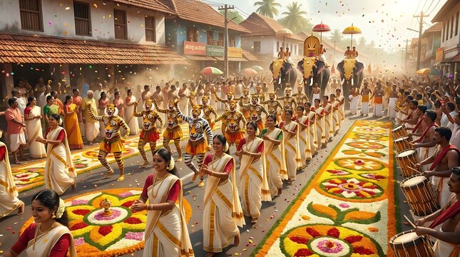 Traditional procession with elephants and performers in a festive street scene