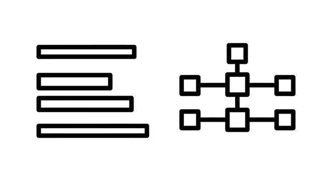 Alignment and network structure icons with alignment justification formatting structure connection organization flowchart information strategy planning hierarchy minimalist
