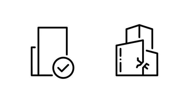 Building safety status and structural damage check icons with building structural architecture inspection analysis evaluation assessment verification approval certification