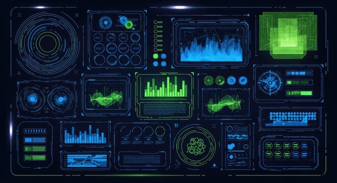 Futuristic digital HUD interface with glowing blue and green charts