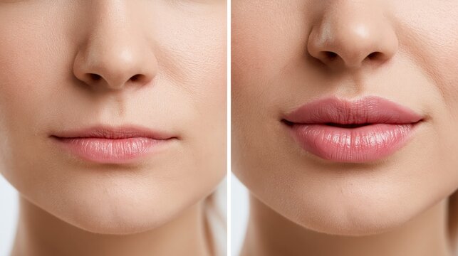 Split frame lip augmentation showing very thin flat lips versus full plump defined lips.