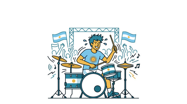 Argentine Drummer Performing at Concert with National Flags
