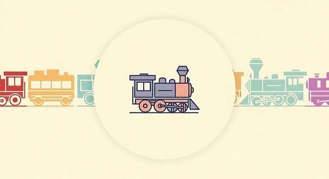 Colorful Toy Train Collection on a Light Background with a Central Locomotive Illustration
