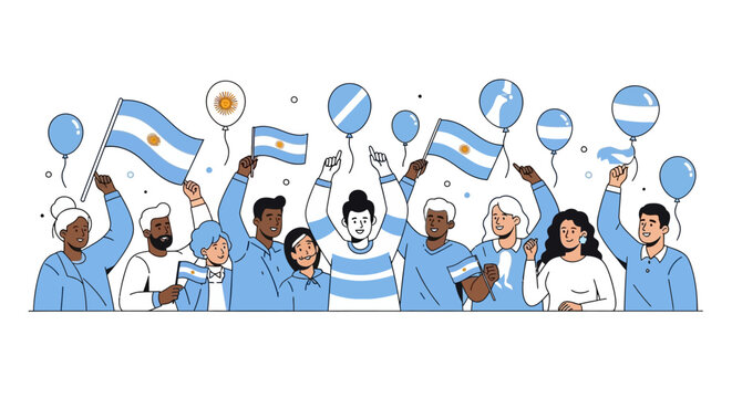 Group of Happy Argentinian Fans Celebrating with National Flags and Balloons