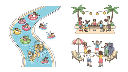Naklejka premium Summer Vacation Collage: A vibrant collage capturing the essence of summer fun, featuring children enjoying a water slide, a family gathering at a picnic table, and friends relaxing by the pool.
