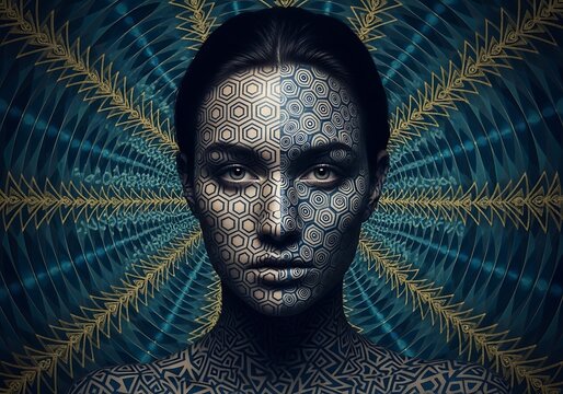 Futuristic Woman with Digital Facial Art and Radiant Background.