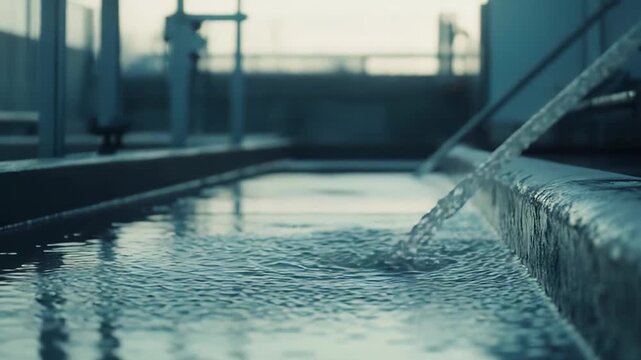 Clean water flowing strongly into a treatment basin at an industrial purification plant, representing essential processing for safe drinking resources and environmental sustainability