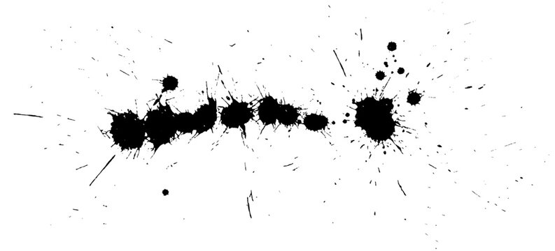 Paint splatter ink set. Black splash drops. Grunge brush textures, watercolor stains, rough spray effects. Abstract spatter bursts, graffiti strokes, distressed inkblot shapes. Vector liquid marks bg