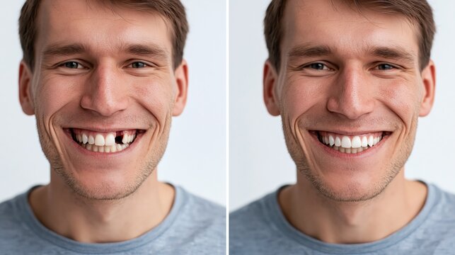 Split frame dental implant showing a visible missing tooth gap versus a complete smile.