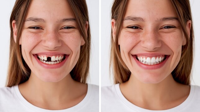 Split frame dental implant showing a visible missing tooth gap versus a complete smile.