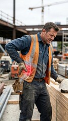 Fototapeta premium Construction worker with back pain at building site. Man wearing safety vest suffering from spinal injury. Health and safety at work concept. Occupational hazard and physical ache.