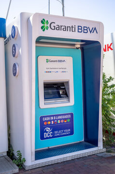 Avsallar, Turkey - September 25, 2025: Garanti BBVA ATM with multilingual cash options