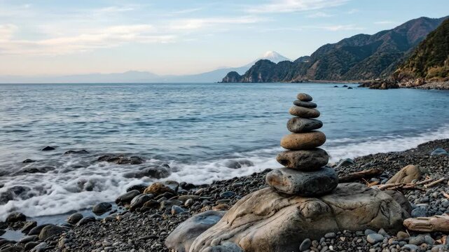 Pile of rocks on the shore by the sea in Shizuoka, Japan, meditative coastal still life with balanced stones, shoreline texture and serene ocean atmosphere for travel and wellness themes, soft natural