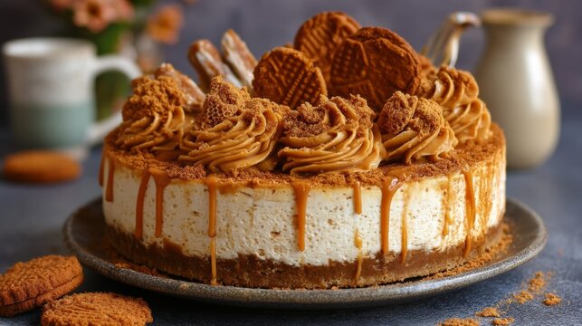 Deliciously crafted cheesecake adorned with caramel drizzle, decorated with cookie toppings on a rustic table setting inspiring dessert lovers everywhere. Generative AI