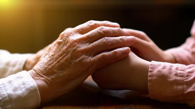 An extreme close-up video of clasped aged and youthful hands, soft bokeh background, warm light, subtle lens flare, visible muted sleeves, concept of intergenerational connection