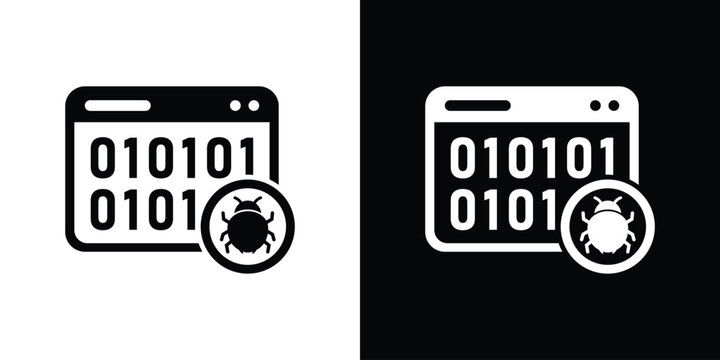 Binary code software bug icon. Digital program malware symbol, web page hacking and cybersecurity threat vector illustration set.