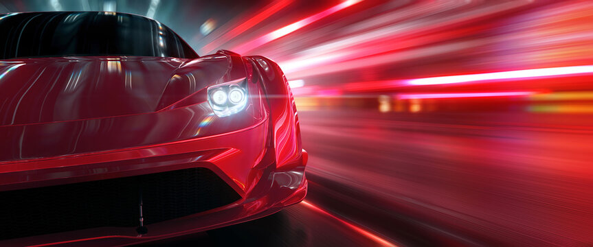 Close-up of the headlights of a red sports car racing at high speed on neon highway. Power acceleration on a night track with colorful lights and lines. Concept of velocity and technology. 3d render