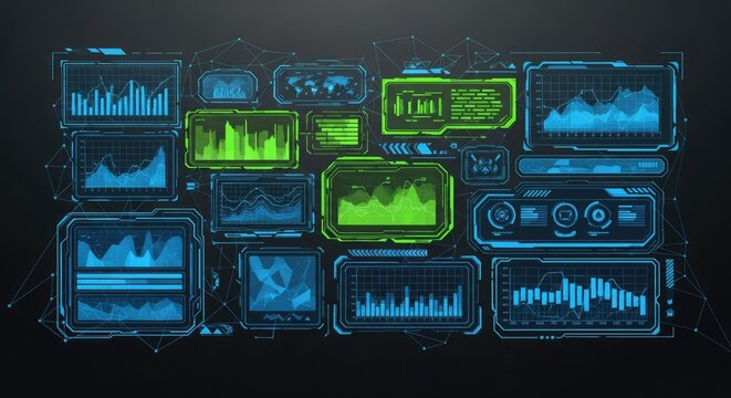 Futuristic digital interface displaying complex data charts and graphs