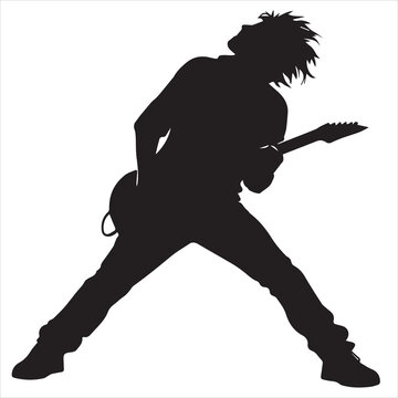 rock musician, guitar player, music icon, black silhouette, vector graphic