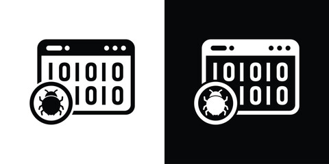 Binary code software bug icon. Digital program malware symbol, web page hacking and cybersecurity threat vector illustration set. © bibin