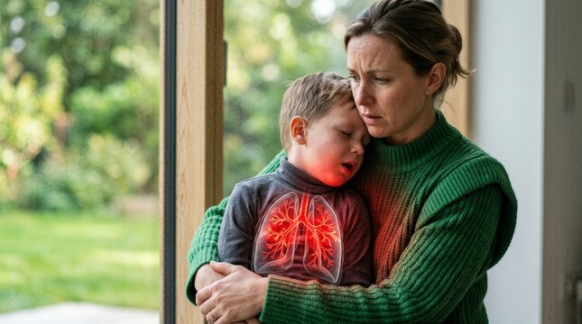 Mother holding sick son suffering from respiratory illness. Ill child with inflamed lungs visualization. Healthcare concept for viral infection, pneumonia, and pediatric medical care.